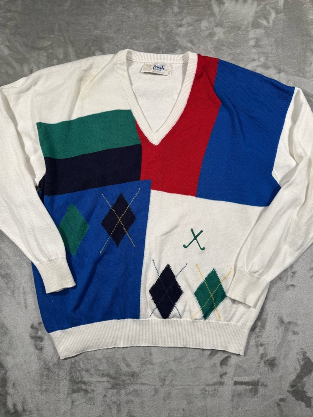 Vintage Pringle Of Scotland Sweater Mens XL White Argyle Golf 90s